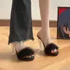 Chinelos de Pelúcia Estilo Fada Peluda, Modelo Slip-On, com Salto Alto Grosso de Cristal e Salto Alto Transparente, Novo Modelo Verão 2025