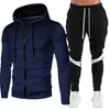 Conjunto de sudadera con capucha y cremallera para hombre transfronterizo, ropa deportiva casual para primavera/otoño, conjunto de dos piezas con estampado, chaqueta de fitness ajustada para hombre