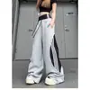 Calça de Moletom Primavera e Outono para Homens e Mulheres, Cintura Dupla, Calça de Perna Larga Listrada Falsa de Duas Peças, Patchwork Retrô Americano