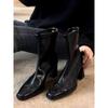 Botas delgadas de tacón alto con temperamento de punta cuadrada francesa para mujer, estilo británico, retro, cremallera trasera, elásticas, botines