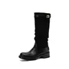 Botas de cano médio com fivela e cinto bico redondo estilo cavaleiro camurça salto grosso 4cm emendas moda Euro-coreana botas sem cadarço