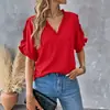 E-commerce transfronteiriço, blusa de gola V com babados plus size para mulheres, com mangas bufantes e um top de chifon de corte solto, disponível na Amazon
