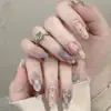 Xadrez azul-roxo com bolinhas e cerejas, pedras de strass empilhadas, gradiente, estilo temperamental de menina, estilo europeu e americano, unhas vestíveis removíveis, 30 peças