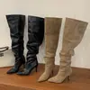 Botas apiladas plisadas, botas largas de cuero negro mate para mujer, botas de tacón alto de aguja con punta fina, botas de caña alta largas