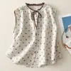 Camisa de Algodón y Lino sin Mangas con Lunares Vintage Verano 2026 con Corbata, Holgada Versátil Casual, Cárdigan con Cuello Fruncido para Mujer