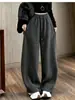 Calça de Arroz Pegajoso Niu Wan Dao Feminina Outono Inverno Nova Barra Fina de Arroz Pegajoso Calça de Perna Larga Cintura Alta Emagrecimento Solta Caimento Casual