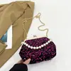 Nova Bolsa Concha de Verão 2026 com Fecho de Lantejoulas e Corrente de Pérolas, Bolsa Transversal de Ombro Feminina da Moda