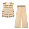 Conjunto de verão transfronteiriço europeu e americano 2026, estilo suave, top sem mangas listrado plissado com calça pantalona larga franzida, conjunto estilo para o trabalho