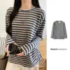 H557 Camiseta Básica Casual Holgada de Rayas con Cuello Redondo para Mujer, Suéter de Punto Cálido para Otoño e Invierno