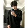 Cleanfit Sudadera Versátil Flor Blanca Gris para Hombre Primavera y Otoño Peso Pesado Estilo Americano Manga Larga Camiseta Hombro Raglán Capa Interior Capa Base