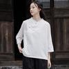 2026 Outono Inicial Roupa Feminina de Algodão e Linho Novo Estilo Chinês Patchwork Botões Gola Alta Camisa Top Feminina Zen Chá Roupa Camiseta