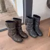 Botas retro de estilo ballet de cuero nuevo hasta media pantorrilla, botas cortas western europeas y americanas de cuero genuino, botas plisadas apiladas, botas Martin para mujer
