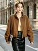 Chaqueta de Cuero Corta Estilo Retro Cool con Cuello Alto para Mujer, Chaqueta de Motociclista de Otoño para Figuras Menudas, Top Rejuvenecedor en Color Café Oscuro