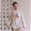 Camiseta Manga Longa Solta Relaxada Estilo Coreano para Mulheres Verão Fina Levemente Transparente Estampada Branca Fina Proteção Solar Cover-up