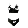 Conjunto de Lencería Sexy Negro con Corazón Hueco de Encaje sin Mangas para Mujer Estilo Nuevo Transfronterizo