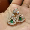 Brincos Esmeralda Populares da Baohome para Mulheres, Banhados a Ouro Rosa 18K, Cheios de Diamantes, Elegantes em Forma de Leque, Estilo Ins Versátil, Venda Direta da Fábrica