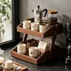 Estante de Almacenamiento de Escritorio de Madera Maciza para Tazas de Té, Estante de Almacenamiento de Juego de Té Multicapa Estilo Antiguo de Nogal Negro, Estante de Exhibición para Tazas de Café