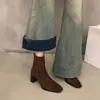 Botines de tacón alto estilo coreano, botines Martin de gamuza, zapatos de mujer, nueva colección otoño/invierno 2024, forrados de felpa, punta cuadrada, botines cortos ajustados
