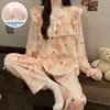 Pijama de Algodão Yunduo para Mulheres Primavera e Outono Estilo Fino com Bojo Conjunto Completo de Manga Longa Estilo Princesa Floral para Casa
