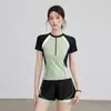 Traje de baño de dos piezas estilo "pull-back" para mujer, Traje de baño de manga corta con cremallera para aguas termales, Conjunto de traje de baño y bañador a la moda para piscinas