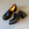 Piel de Oveja~Negro Francés Tacón Grueso Zapatos de Vestir sin Cordones Mujer Nuevo Piel Genuina Zapatos Individuales para el Trabajo Aumentadores de Altura Suela Gruesa Zapatos Pequeños de Cuero