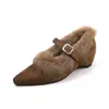 Zapatos Mary Jane de Gamuza + Piel de Conejo con Plataforma Oculta para Mujer, Otoño, Forro de Terciopelo Cálido, Hebilla Única, Boca Baja, Tacón Medio, Zapatos Individuales para Mujer