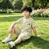 Conjunto Casual de Verão para Meninos 2026 Novo Estilo para Crianças Pequenas, Manga Curta Listrada de Verão Tendência Estiloso Manga Curta Atacado