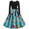 [Ropa de mujer de Navidad] Z1136 transfronteriza Hepburn retro otoño e invierno cuello redondo manga larga color de contraste estampado falda larga