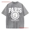 Camiseta Informal Transfronteriza para Mujer Lavado Ácido Camiseta con Estampado Ciudad Descubrimiento París Algodón Desgastado Manga Corta Moderna Negra para Mujer