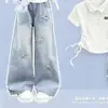 Conjunto de Verano para Niña 2026 Nuevo Estilo Coreano Niña Grande Verano Elegante Manga Corta Mezclilla Conjunto de Dos Piezas