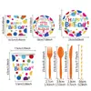 Conjunto de pratos de papel descartáveis, copos de papel, guardanapos de papel, talheres e decoração de local com tema de festa de aniversário de bolinhas coloridas transfronteiriço