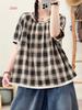 Blusa de Punto con Encaje Patchwork a Cuadros Plisada de Manga Corta para Mujer Holgada y Versátil Reductora de Edad Camisa de Muñeca Top Venta al Mayoreo