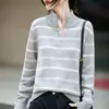 Suéter de malha 100% algodão para mulheres, com zíper parcial, gola alta, mangas compridas, estilo pullover, listrado, corte solto, adequado para primavera e outono, pode ser usado como camada interna ou externa