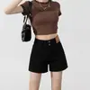 Shorts Jeans Amarelo Retrô Azul para Mulheres Verão 2025 Novo Estilo Botão Duplo Cintura Alta Design Americano Elástico Linha A Hot Pants