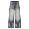 Jeans Denim Branco Lavado com Ondas d'Água Retro Americano para Homens Calças Tendência de Perna Larga Reta com Rebites Laterais Embelezados High Street