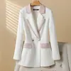 Blazer de bloques de color ZLS, nueva colección de otoño para mujer, estilo juvenil, de longitud media, blanco, corte ajustado, blazer de doble botonadura
