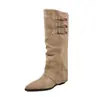 Botas Altas Elegantes con Hebilla Invisible para Aumentar la Altura, Pierna, Otoño Invierno 2026, Gamuza, Tacón Grueso Medio, Punta Fina, de Poner, para Mujer