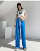 Calça de Seda de Gelo Wide Leg com Bolso de Aba para Verão Feminino, Calça Casual Drapeada para Pessoas Baixas, Efeito Emagrecedor Solto e Calça Versátil de Comprimento Médio para Mulheres