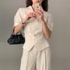 Top de Trabalho Elegante Vintage Estilo Francês de Alta Qualidade com Gola de Terno, Botão Único e Cintura de Amarração de Dongdaemun, Coreia