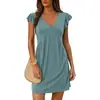 Comércio Exterior Europeu e Americano Roupas Femininas Transfronteiriças, O Vestido Mini Tank Ruched de Gola V com Mangas Flare Mais Vendido da Amazon