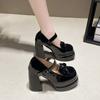 Zapatos de Cuero Juveniles y Femeninos, Zapatos Planos de Otoño, Suelas Gruesas, Aspecto Adelgazante Tacones Altos con Lazo, Zapatos Mary Jane Dulces y Geniales para Chicas JK