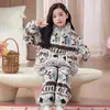 Pijama cardigan infantil de manga longa em fleece coral, novo estilo outono/inverno, roupa de casa fofa e moderna, flanela com zíper, espessado