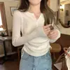 Top de punto de lana blanco elegante de color liso con pliegues y manga larga para mujer 2026 Nuevo Top Ajustado de Otoño Temprano