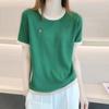 Camiseta de manga curta de lã pura penteada fina de verão feminina em torno do pescoço em forma de M bordado de malha de meia manga Tencel Top Base Camisa
