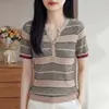 Top de Verano de Punto con Cuello Polo, Manga Corta, Ajustado, Bloques de Color Rayados Retro a la Moda para Mujer