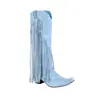 Botas Elegantes de Veludo Fosco com Rebites e Franjas, Cano Alto, Bico Apontado, Salto Grosso, Salto Médio, Tamanhos Grandes 40-46, Botas de Comércio Exterior