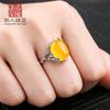 Anillo de Plata S925 Dorado Blanco Chapado Soporte Vacío Apertura de Flor Configuración de Anillo Ajustable Incrustado con Ámbar de Cera de Abeja Configuración de Anillo para Mujer