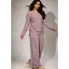 Conjunto de loungewear de malha escovada estilo europeu e americano para mulheres, com decote em V, cordão, mangas compridas, calças de perna reta e perna larga, e um conjunto de pijama macio e confortável