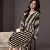 Vestido de Noite de Algodão Puro para Primavera e Outono Feminino Manga Longa Gola Redonda Comprimento Médio Casual Listrado Solto Roupas para Exterior e Casa
