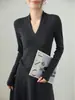 Elegante Suéter de Punto Ajustado con Cuello en V y Textura de Ondas de Agua para Mujer, Jersey de Lana Básico de Manga Larga para Otoño e Invierno